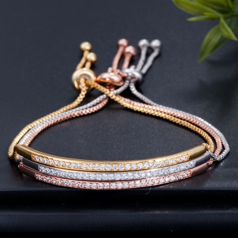 Adjustable Curved Bar Bracelet Copper Gold Plated With AAA Zircon Micro Pave Elegant Korean Style For Women