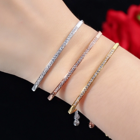 Adjustable Curved Bar Bracelet Copper Gold Plated With AAA Zircon Micro Pave Elegant Korean Style For Women