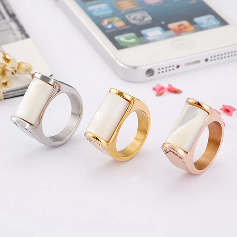 Anillo Acero Inoxidable Mujer Incrustación Concha Blanca Minimalista Cepillado Geométrico Banda Ancha Circonita Joyería