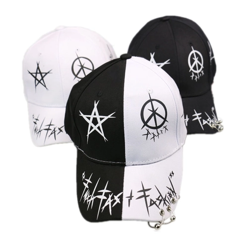Unisex Cotton Baseball Cap Graffiti Star Print Metal Rings Iron Beads Hip Hop Style Streetwear Adjustable Sun Hat