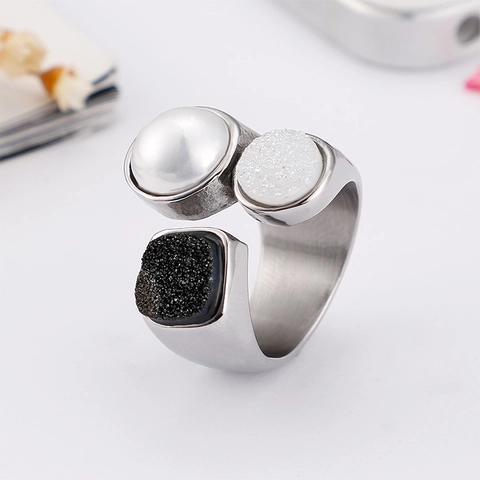 Anillo Abierto Acero Inoxidable Mujer Con Perla Artificial Y Cristales Druzy Geométricos Joyería Moderna Minimalista Ajustable