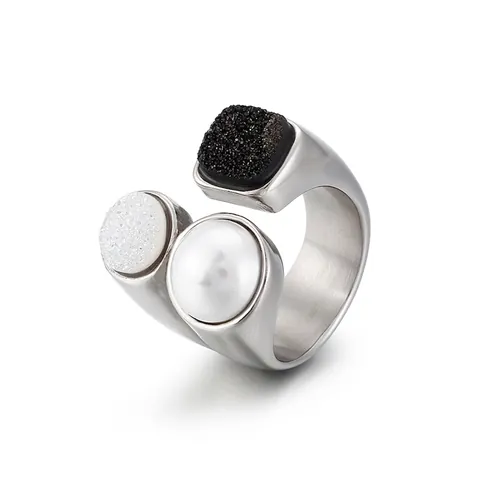 Anillo Abierto Acero Inoxidable Mujer Con Perla Artificial Y Cristales Druzy Geométricos Joyería Moderna Minimalista Ajustable