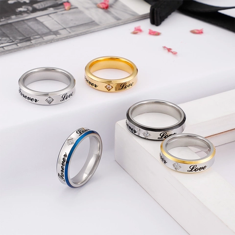 Bagues De Couple Gravées Forever Love En Acier Inoxydable Cœur Zircon Cubique Bijoux Romantiques Pour Amoureux