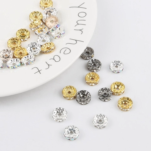 Rhinestone Rondelle Spacer Beads Copper Plated Wheel DIY Jewelry Making Accessories Shiny Metal Flat Charms