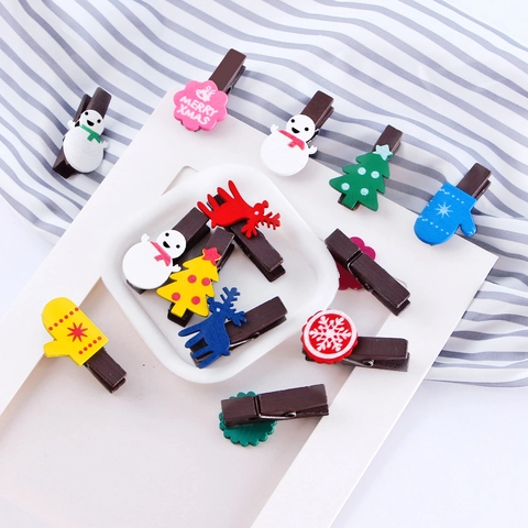 Christmas Wooden Clips Decorative Mini Photo Note Pegs Birch Wood Reindeer Snowman Tree Shapes With Hemp Rope For DIY Home Party Decor