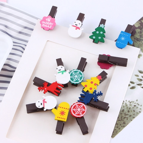 Christmas Wooden Clips Decorative Mini Photo Note Pegs Birch Wood Reindeer Snowman Tree Shapes With Hemp Rope For DIY Home Party Decor
