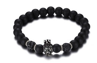 Pulsera De Cuentas Para Hombre Piedra De Lava Negra Mate Cabeza De León De Aleación Corona Vintage Joyería Elástica