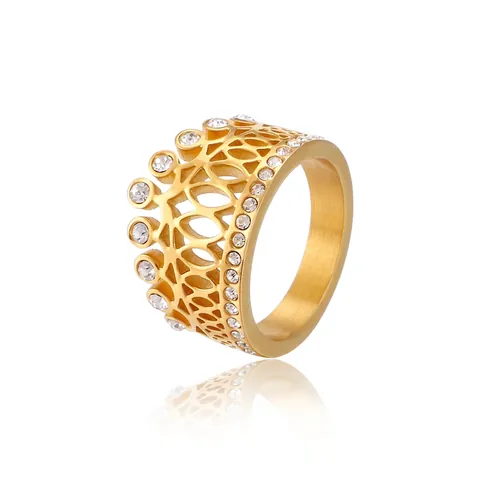 Elegant Crown Ring Stainless Steel Encrusted White Zircon Hollow Fashion Jewelry For Women