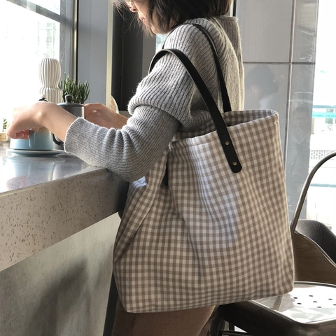 Gingham Plaid Tote Bag Cotton Linen Canvas Large Capacity Japanese Minimalist Shoulder Handbag With PU Leather Straps