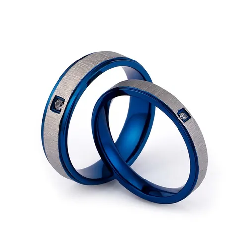 Anillo Acero Inoxydable Azul Plata Dos Tonos Cepillado Mate Zircón Único Simple Boda Compromiso Joyería Pareja