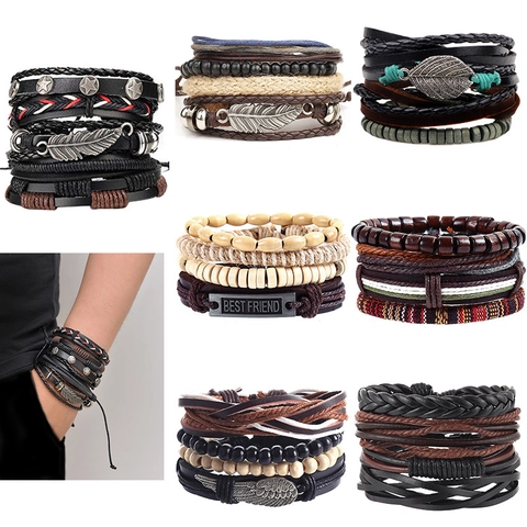 Pulsera Multicapa Trenzada Vintage Cuero Cuerda De Cáñamo Aleación Pluma Hoja Cuentas Joyería Étnica Bohemia Hombre Mujer