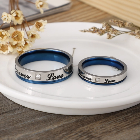 Anelli Per Coppia Incisi Forever Love Acciaio Inossidabile Blu Argento Bicolore Zircone Fascia Per Innamorati Matrimonio
