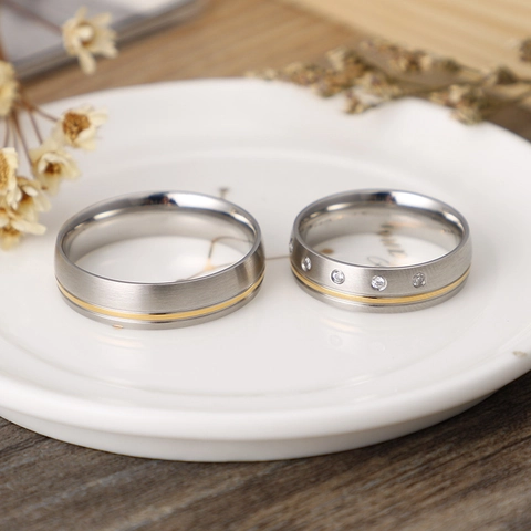 Stainless Steel Ring With Cubic Zirconia Inlaid Two Tone Brushed Frosted Engagement Jewelry For Women Men