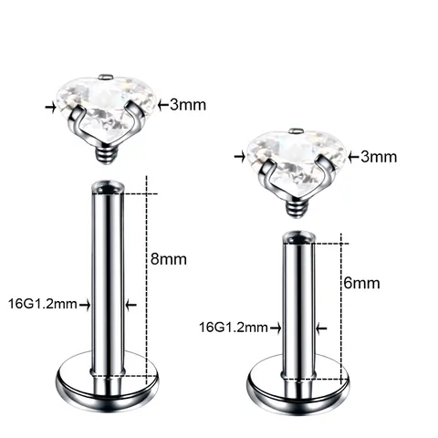 Stainless Steel Heart Cubic Zirconia Lip Stud Labret Piercing Jewelry Flat Back Internal Thread Heart Shaped Body Accessory