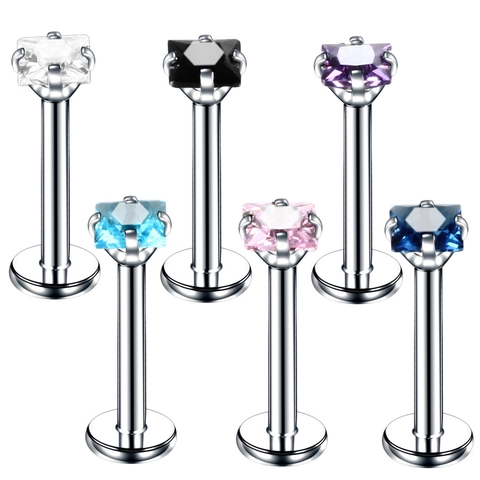 Square Cubic Zirconia Labret Stud Stainless Steel Internal Thread Lip Piercing Body Jewelry