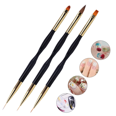 Nail Art Penselen Dubbelzijdig Schilderen Liner Zwart Plastic Handvat Goud Metaal Buis Professionele Manicure Tools