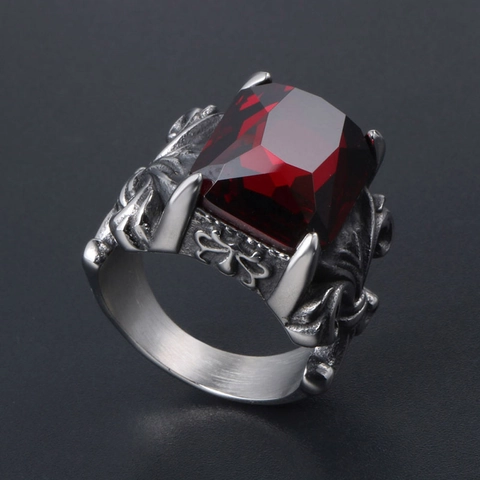 Herren Gothic Edelstahl Ring Mit Quadratischem Rotem Edelstein Retro Fleur De Lis Relief Punk Schmuck