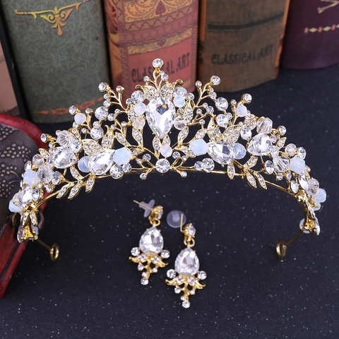 Barock Braut Tiara Und Ohrringe Legierung Strass Kristall Blumen Krone Schmuck Für Hochzeit Geburtstag Vintage Frau