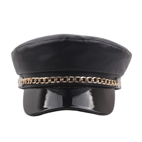 Berretto Newsboy In Pelle PU Cappello Militare Vintage Con Catena In Metallo Dorato Tinta Unita Top Piatto Trendy Autunno Inverno