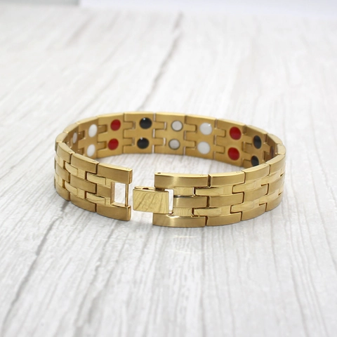 Men Gold Stainless Steel Link Bracelet With Magnetic Therapy Stones Fashion Wide Chain Wristband Jewelry Accessory