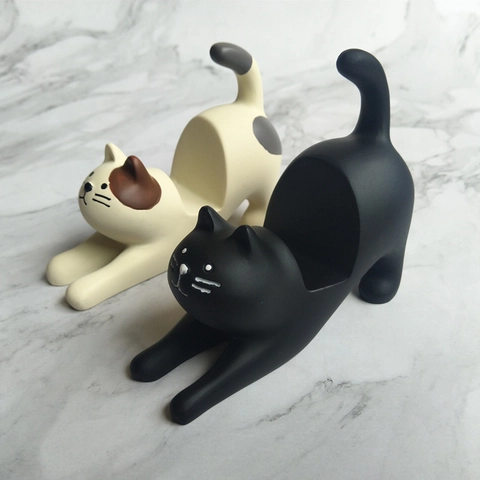 Resin Cat Phone Holder Cute Stretching Lazy Cat Desktop Ornament Phone Stand Decorative Statuettes Desk Accessory
