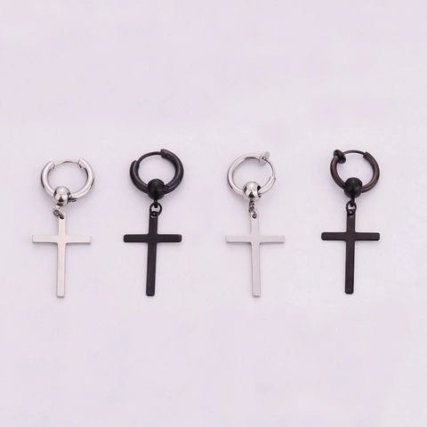 Punk Stainless Steel Cross Feather Spike Pendant Hoop Earrings Unisex Gothic Non Pierced Ear Clips Fashion Jewelry