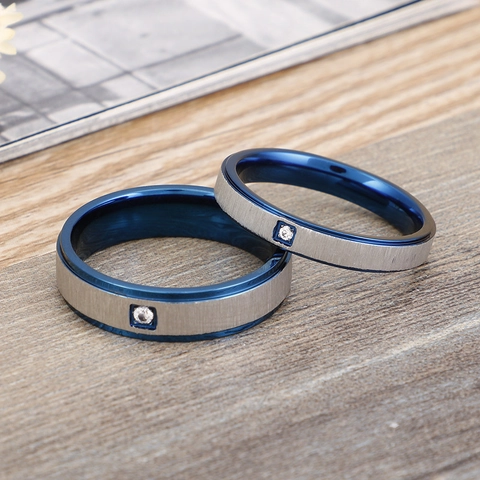 Anillo Acero Inoxydable Azul Plata Dos Tonos Cepillado Mate Zircón Único Simple Boda Compromiso Joyería Pareja
