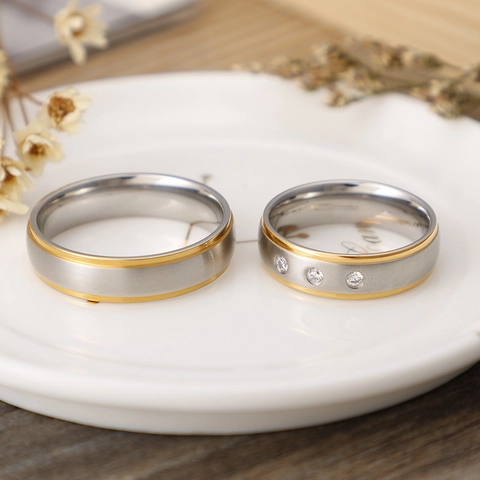 Couple Rings 316L Stainless Steel Two-Tone Gold Brushed Frosted Inlaid Cubic Zirconia Minimalist Fashion Jewelry