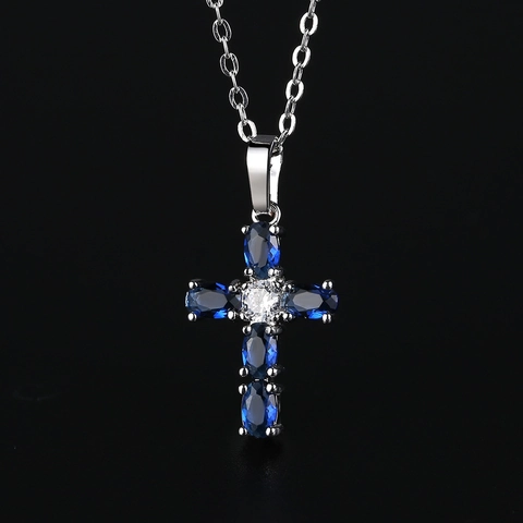 Cross Pendant Necklace With Blue Oval Zircon Silver Plated Copper Simple Elegant Fashion Clavicle Chain For Women
