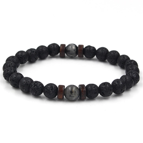 Pulsera De Perlas De Piedra De Lava Natural Piedra Preciosa Espaciador De Madera Elástica Joyería Étnica Yoga Meditación