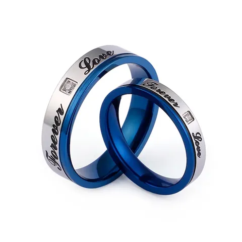 Anelli Per Coppia Incisi Forever Love Acciaio Inossidabile Blu Argento Bicolore Zircone Fascia Per Innamorati Matrimonio