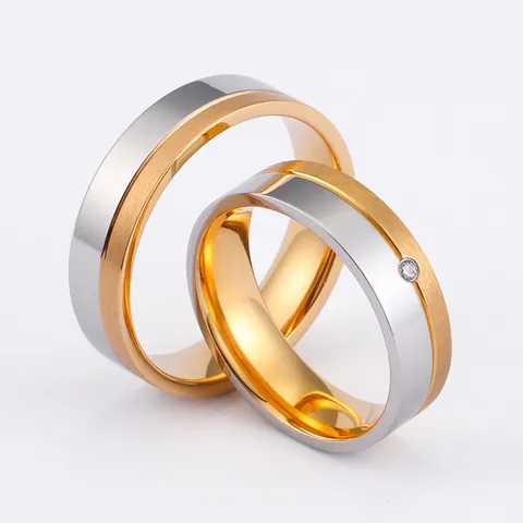 Anello Di Coppia Bicolore Acciaio Al Titanio Oro Argento Superficie Spazzolata Lucida Zirconia Cubica Gioielli Promessa