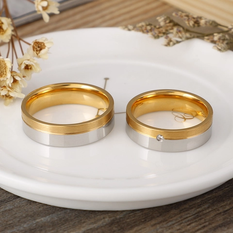 Anello Di Coppia Bicolore Acciaio Al Titanio Oro Argento Superficie Spazzolata Lucida Zirconia Cubica Gioielli Promessa