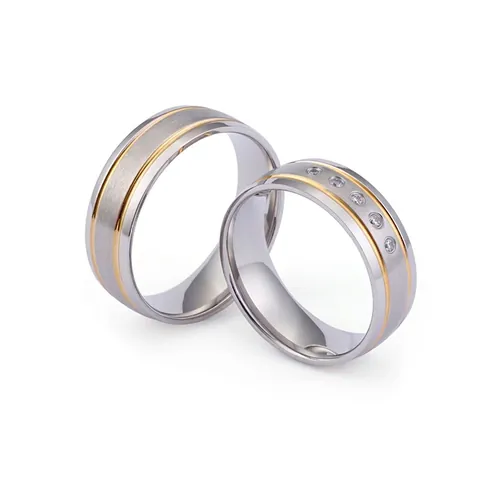 Anelli Di Coppia In Acciaio Inossidabile Spazzolato Bicolore Oro E Argento Con Zirconia Fede Per Uomo E Donna