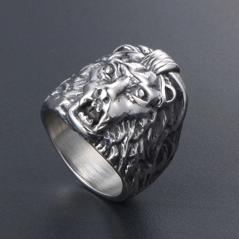 Lion Head Ring Titanium Steel Vintage Punk Biker Jewelry For Men Retro Dominating Animal Band