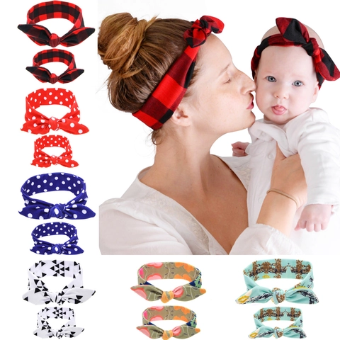 Mother Daughter Headbands Fabric Printed Bow Knot Rabbit Ears Parent Child Matching Hair Accessories Comfortable