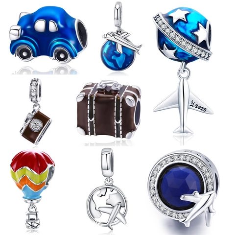 Travel Series Charms 925 Sterling Silver Enamel Zircon Beads Airplane Globe Camera Hot Air Balloon Style For DIY
