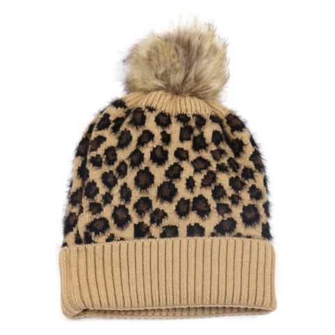 Leopard Print Knit Beanie Hat With Faux Fur Pom Pom Warm Thickened Winter Outdoor For Women