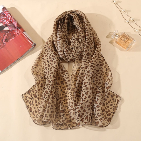 Women Long Scarf Leopard Polka Dot Print Lightweight Chiffon Shawl Breathable Sun Protection Elegant Fashion Wrap