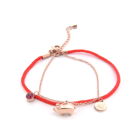 Zodiac Pig Bracelet Rose Gold Titanium Steel Red Rope Double Layer Zircon Lucky Blessing Jewelry For Women New Year Gift