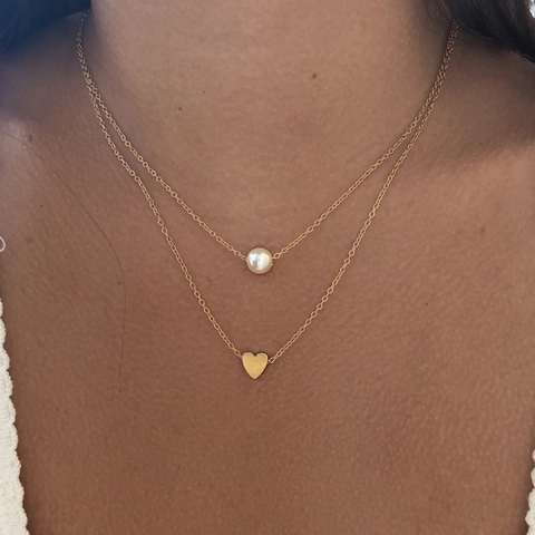 Gold Plated Alloy Copper Double Layered Necklace With Heart Pendant And Round Artificial Pearl Elegant Jewelry For Women