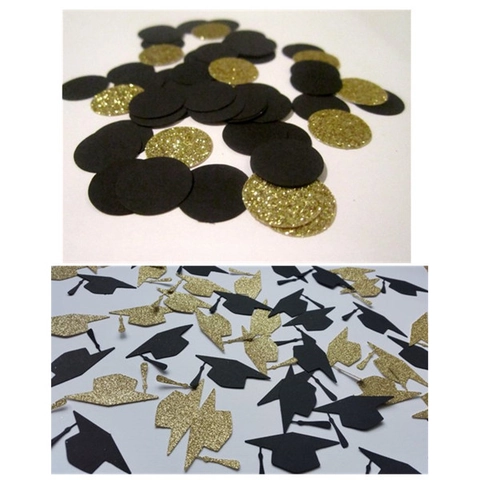 Confettis De Fête De Remise Des Diplômes Décorations De Table Papier Pailleté Noir Et Or Forme De Toque Et Cercle