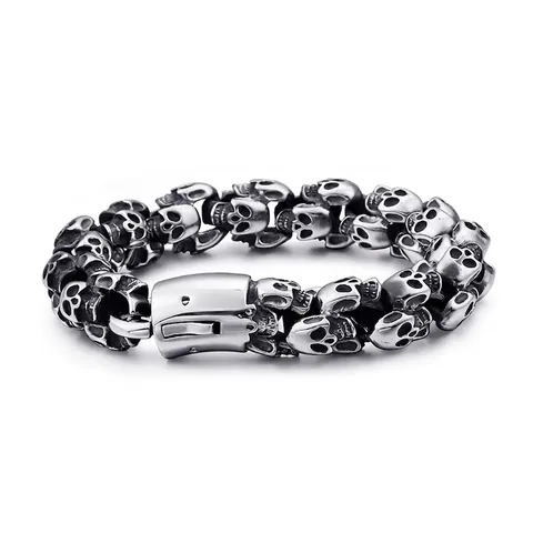 Bracciale Teschio Uomo Acciaio Inossidabile 316L Gioielli Punk Gothic Biker Vintage Argento Nero Catena Maglie