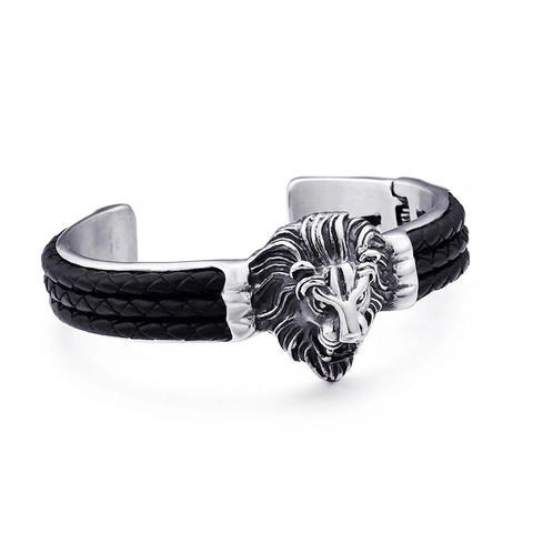 Leeuwenkop Armband Roestvrij Staal Gevlochten Echt Leer Punk Rock Biker Dominante Sieraden Voor Heren