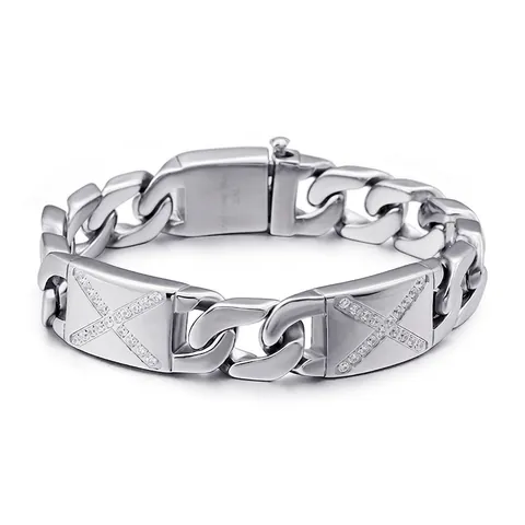 Mens 316L Stainless Steel Cuban Link Bracelet With X-Shape Zircon Inlay Fashion Trendy Geometric Jewelry For Men
