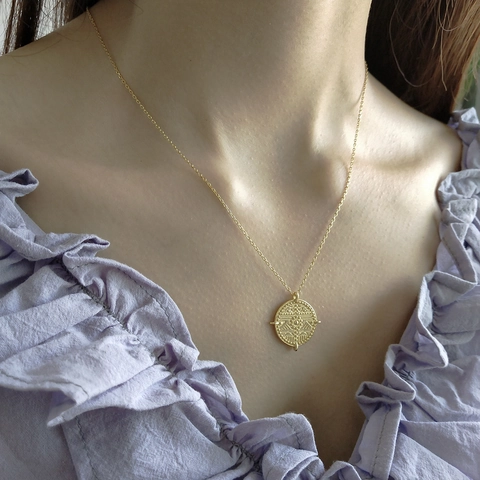 925 Sterling Silber Halskette 18K Vergoldet Runder Münze Relief Anhänger Sternenhimmel Vintage Böhmisch Für Damen