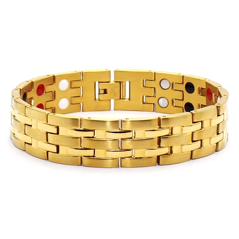 Men Gold Stainless Steel Link Bracelet With Magnetic Therapy Stones Fashion Wide Chain Wristband Jewelry Accessory