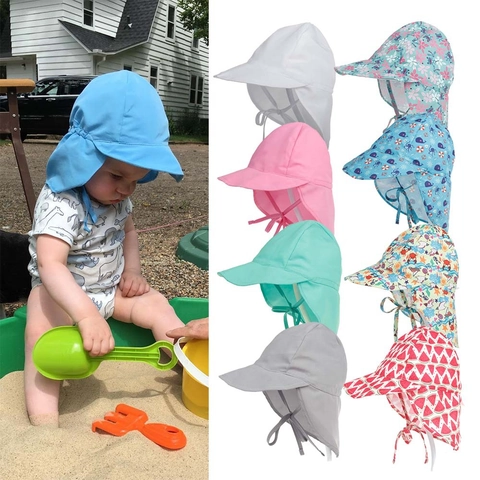Kids Sun Protection Hat Breathable Mesh Large Brim Neck Flap Adjustable Chin Strap Summer Outdoor Beach For Baby Toddlers