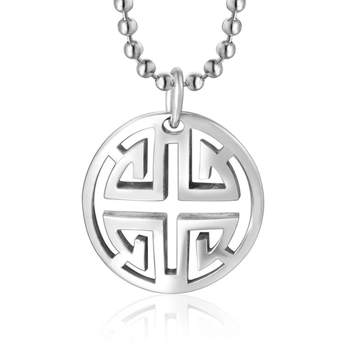 Collier Vintage Avec Pendentif Rond Évidé Acier Inoxydable Style Chinois Motif Labyrinthe Géométrique Bijoux