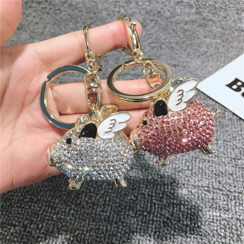 Cute Flying Pig Keychain Sparkling Rhinestone Winged Pig Metal Keyring For Bag Charm Pendant Women Car Accessory Gift